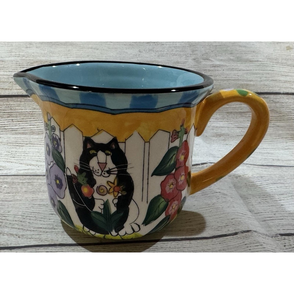 Catzilla Candace Reiter Mug Creamer Hand Painted Ceramic Cats Fence Flowers GTH2